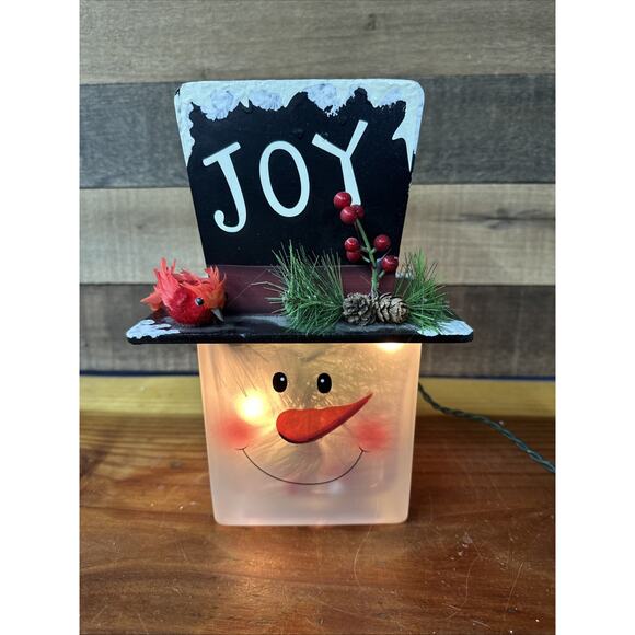 Electric Lighted Glass Snowman Centerpiece JOY 9” - Picture 1 of 7